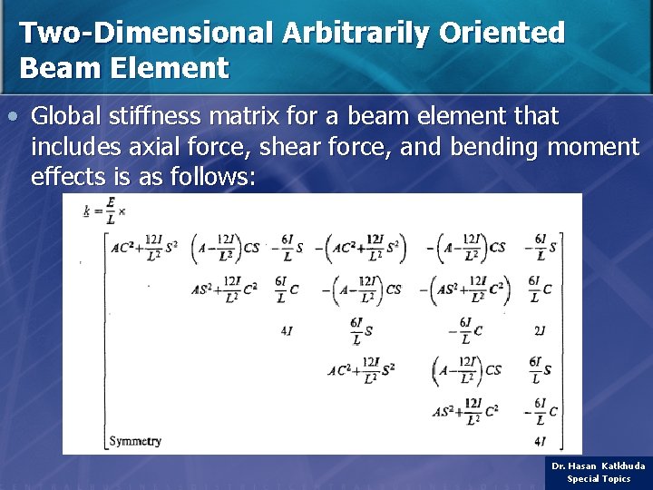 Two-Dimensional Arbitrarily Oriented Beam Element • Global stiffness matrix for a beam element that