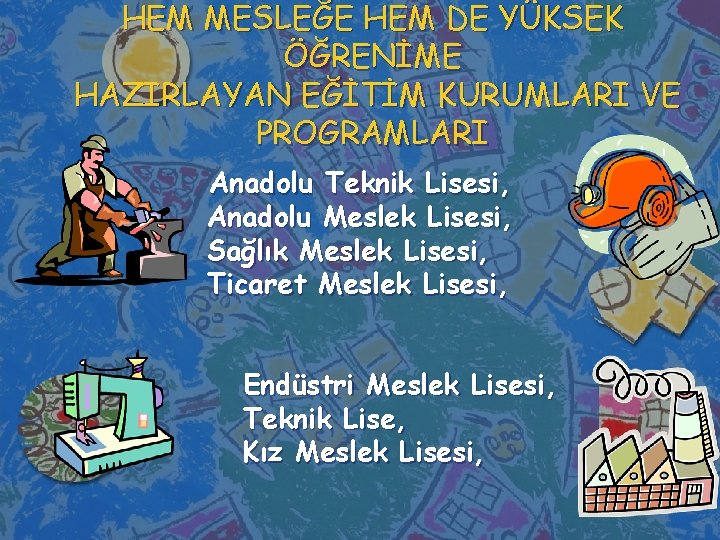 HEM MESLEĞE HEM DE YÜKSEK ÖĞRENİME HAZIRLAYAN EĞİTİM KURUMLARI VE PROGRAMLARI Anadolu Teknik Lisesi,