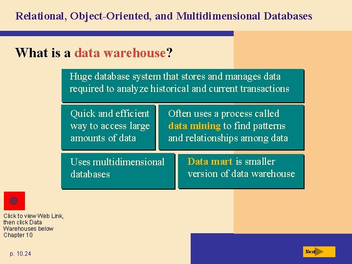 Relational, Object-Oriented, and Multidimensional Databases What is a data warehouse? Huge database system that