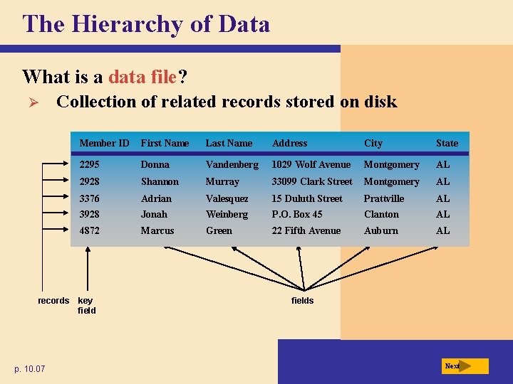 The Hierarchy of Data What is a data file? Ø Collection of related records