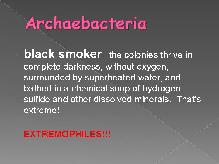 Archaebacteria black smoker: EXTREMOPHILES!!! the colonies thrive in complete darkness, without oxygen, surrounded by