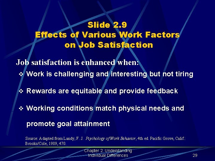 Slide 2. 9 Effects of Various Work Factors on Job Satisfaction Job satisfaction is
