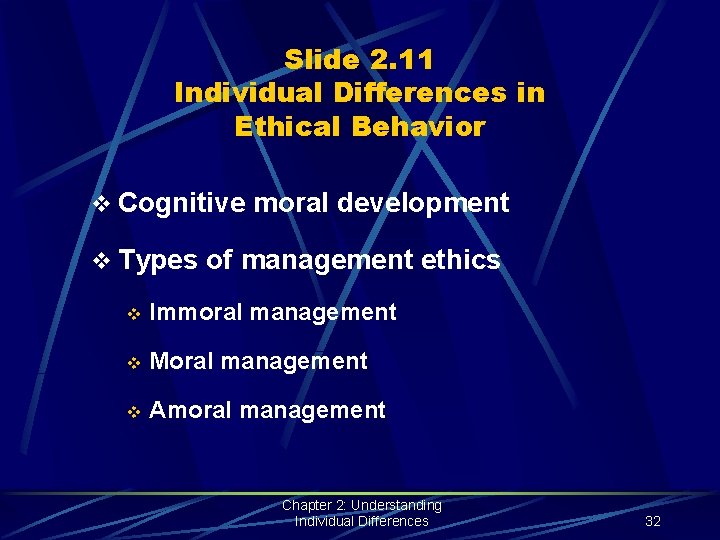 Slide 2. 11 Individual Differences in Ethical Behavior v Cognitive moral development v Types