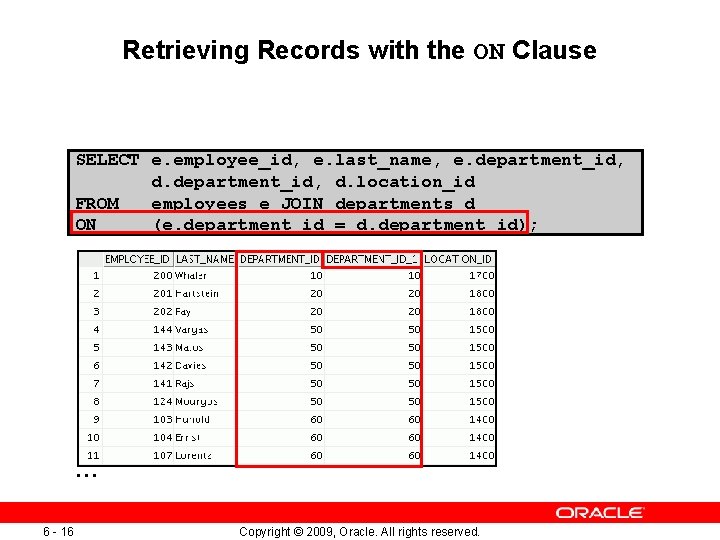 Retrieving Records with the ON Clause SELECT e. employee_id, e. last_name, e. department_id, d. Retrieving Records with the ON Clause SELECT e. employee_id, e. last_name, e. department_id, d.