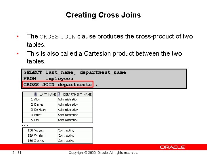 Creating Cross Joins • • The CROSS JOIN clause produces the cross-product of two Creating Cross Joins • • The CROSS JOIN clause produces the cross-product of two