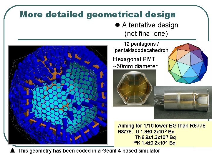 More detailed geometrical design l A tentative design (not final one) 12 pentagons /