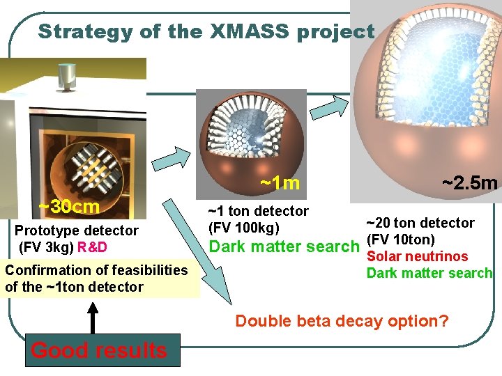 Strategy of the XMASS project ~1 m ~30 cm Prototype detector (FV 3 kg)