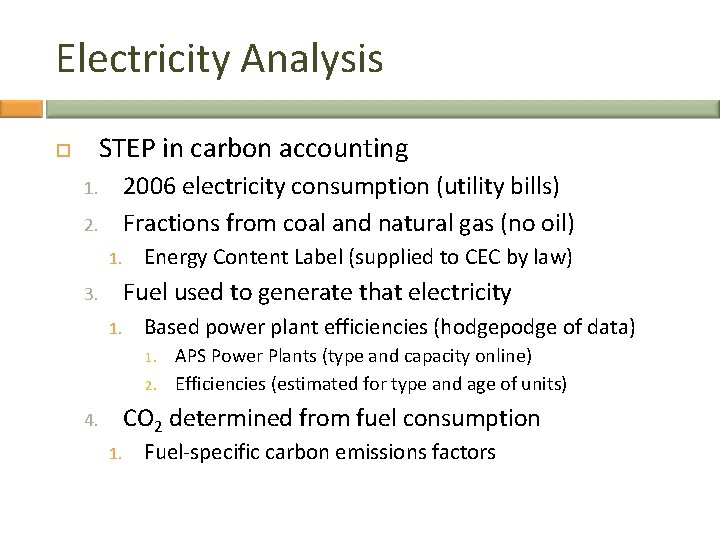 Electricity Analysis STEP in carbon accounting 2006 electricity consumption (utility bills) Fractions from coal