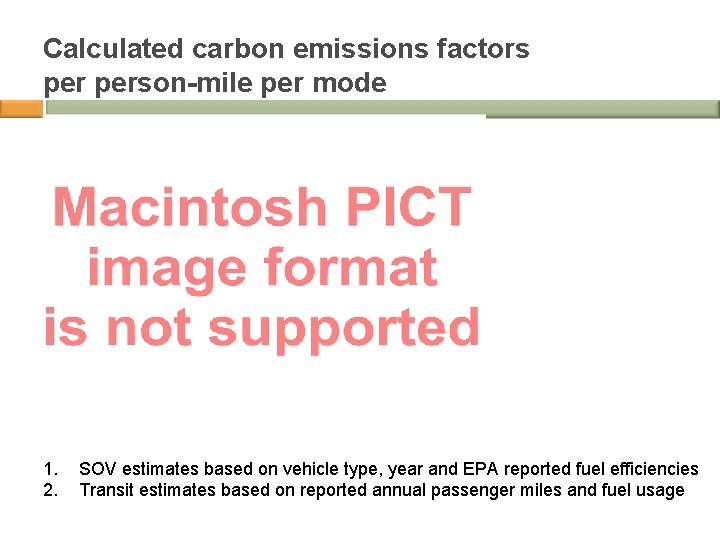 Calculated carbon emissions factors person-mile per mode 1. 2. SOV estimates based on vehicle