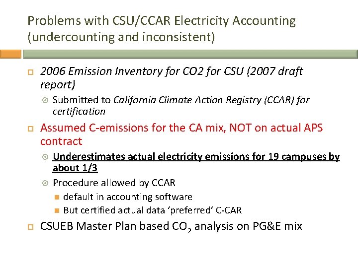 Problems with CSU/CCAR Electricity Accounting (undercounting and inconsistent) 2006 Emission Inventory for CO 2