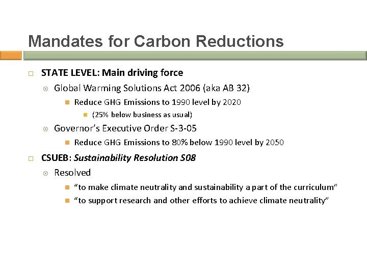 Mandates for Carbon Reductions STATE LEVEL: Main driving force Global Warming Solutions Act 2006