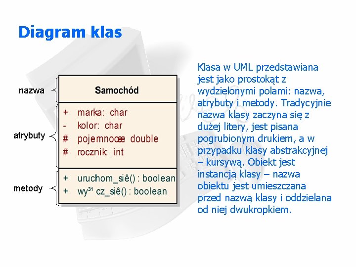 Diagram klas nazwa atrybuty metody Klasa w UML przedstawiana jest jako prostokąt z wydzielonymi