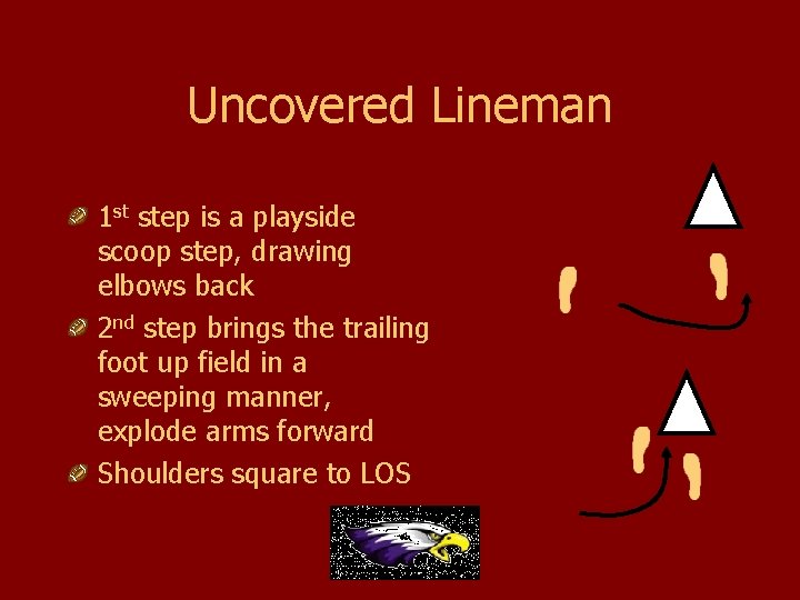 Uncovered Lineman 1 st step is a playside scoop step, drawing elbows back 2