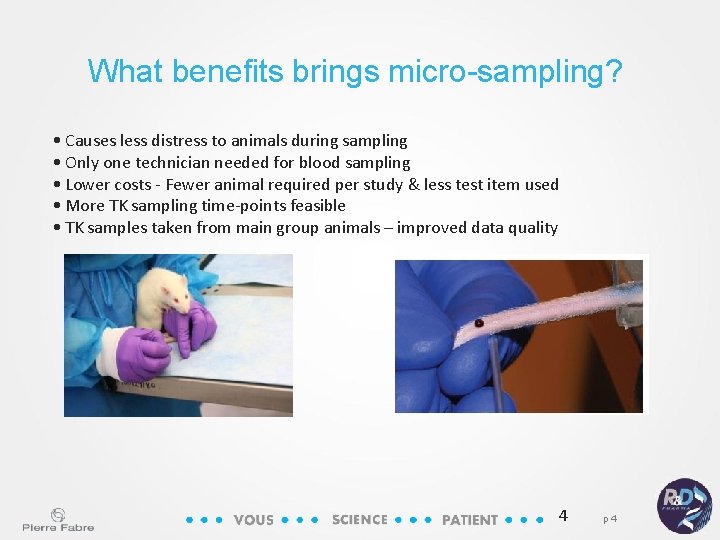 What benefits brings micro-sampling? • Causes less distress to animals during sampling • Only