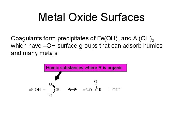 Metal Oxide Surfaces Coagulants form precipitates of Fe(OH)3 and Al(OH)3 which have –OH surface