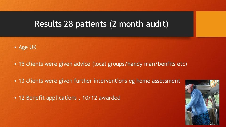 Results 28 patients (2 month audit) • Age UK • 15 clients were given