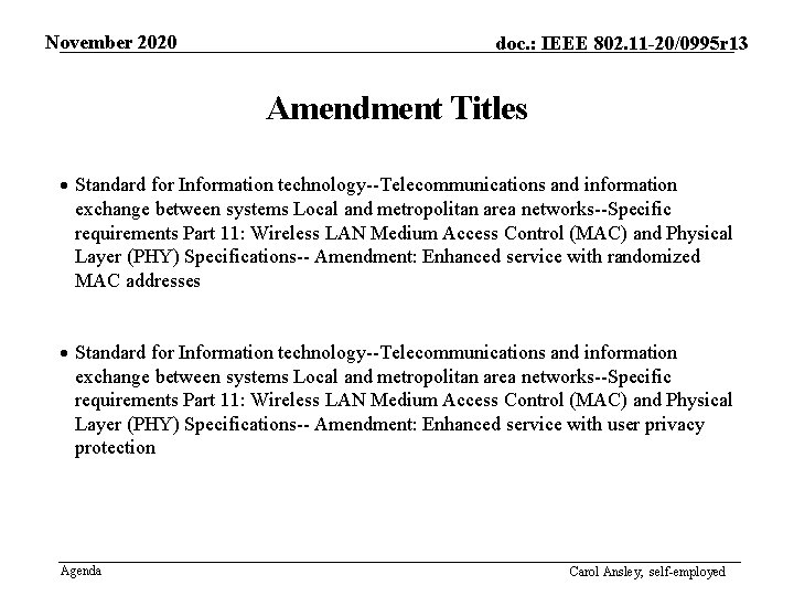 November 2020 doc. : IEEE 802. 11 -20/0995 r 13 Amendment Titles · Standard