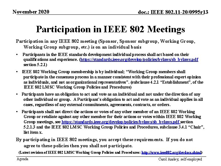 November 2020 doc. : IEEE 802. 11 -20/0995 r 13 Participation in IEEE 802