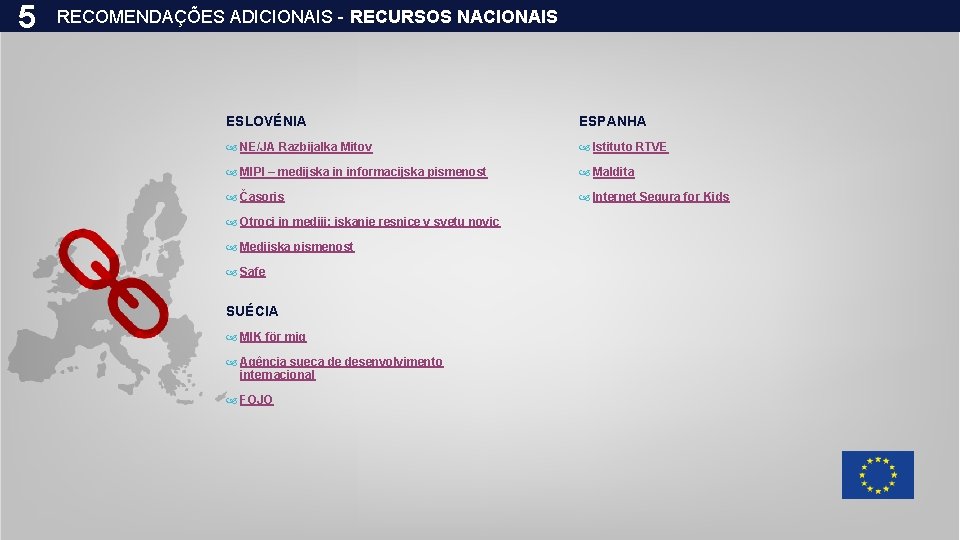 5 RECOMENDAÇÕES ADICIONAIS - RECURSOS NACIONAIS ESLOVÉNIA ESPANHA NE/JA Razbijalka Mitov Istituto RTVE MIPI