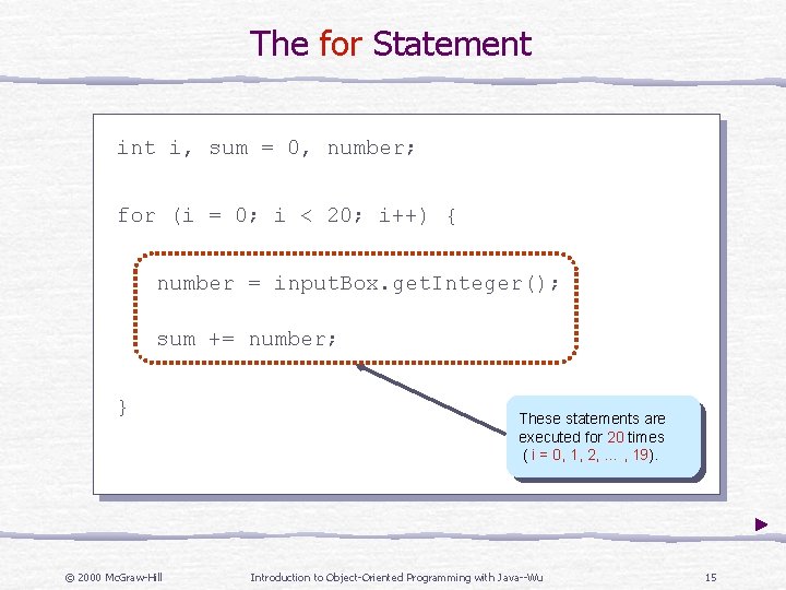 The for Statement i, sum = 0, number; for (i = 0; i <