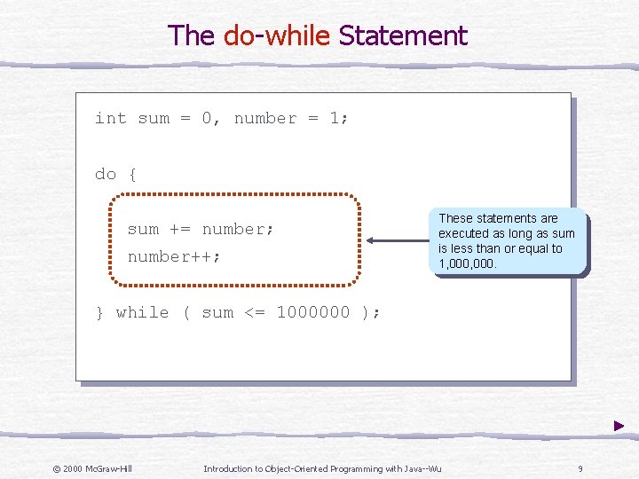 The do-while Statement int sum = 0, number = 1; do { sum +=