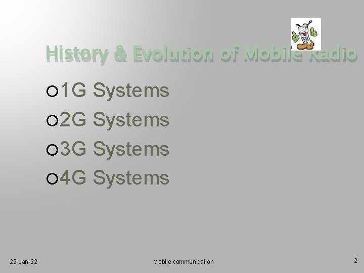 History & Evolution of Mobile Radio 1 G Systems 2 G Systems 3 G