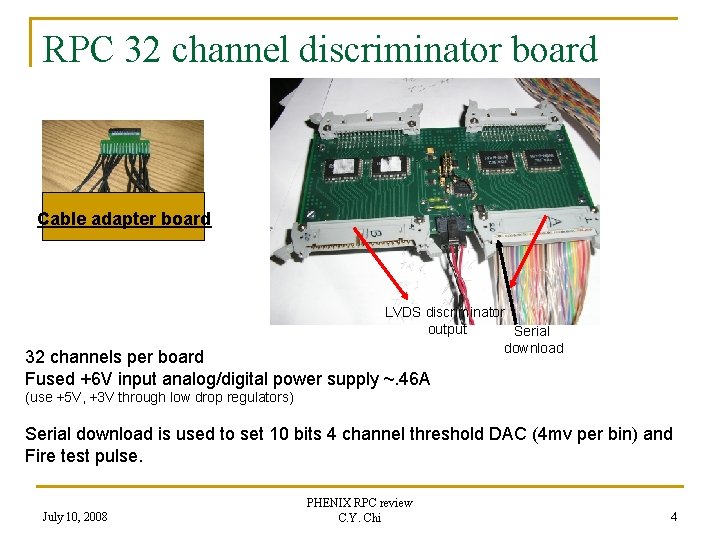 RPC 32 channel discriminator board Cable adapter board LVDS discriminator output Serial download 32