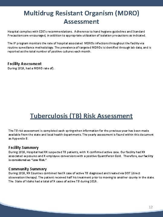 b Multidrug Resistant Organism (MDRO) Assessment Hospital complies with CDC’s recommendations. Adherence to hand
