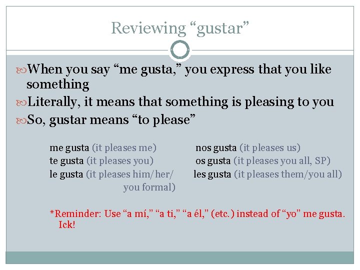 Reviewing “gustar” When you say “me gusta, ” you express that you like something