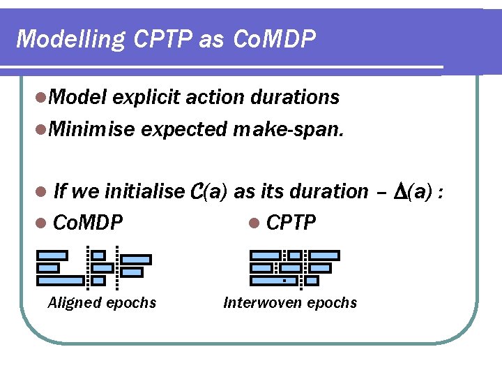 Modelling CPTP as Co. MDP l. Model explicit action durations l. Minimise expected make-span.