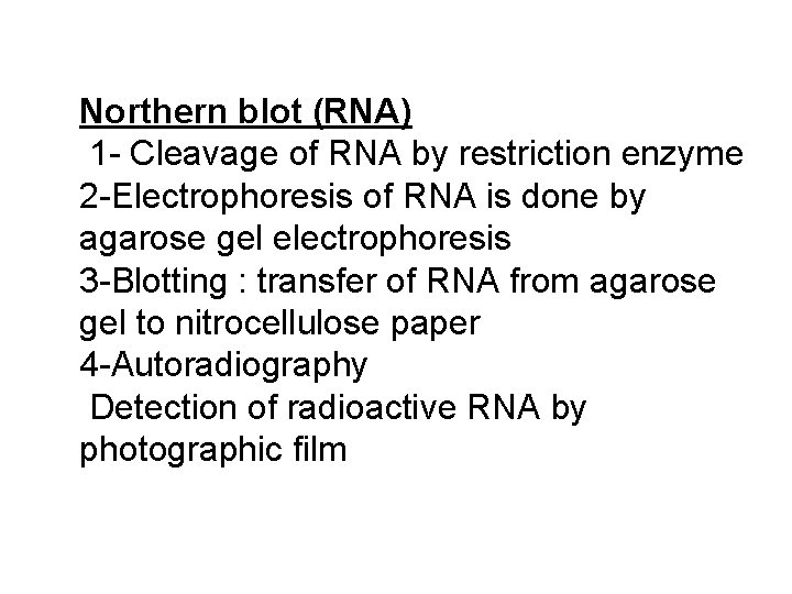 Northern blot (RNA) 1 - Cleavage of RNA by restriction enzyme 2 -Electrophoresis of