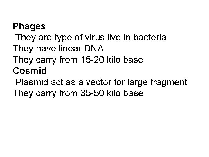 Phages They are type of virus live in bacteria They have linear DNA They