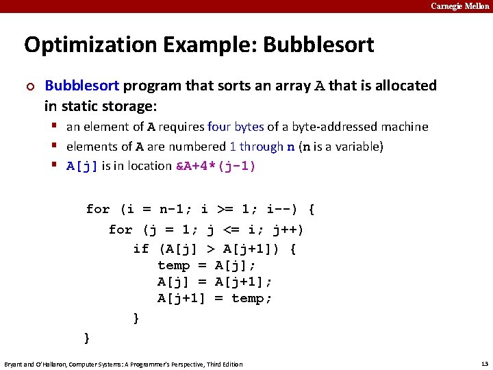 Carnegie Mellon Optimization Example: Bubblesort ¢ Bubblesort program that sorts an array A that