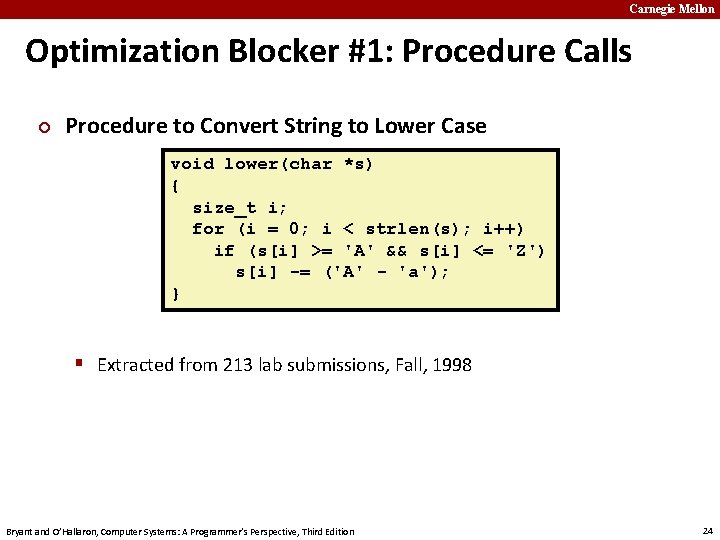 Carnegie Mellon Optimization Blocker #1: Procedure Calls ¢ Procedure to Convert String to Lower