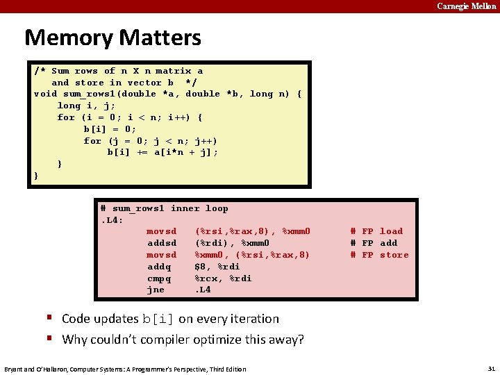 Carnegie Mellon Memory Matters /* Sum rows of n X n matrix a and
