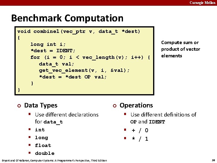 Carnegie Mellon Benchmark Computation void combine 1(vec_ptr v, data_t *dest) { long int i;