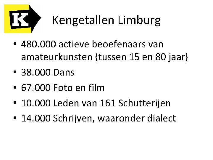 Kengetallen Limburg • 480. 000 actieve beoefenaars van amateurkunsten (tussen 15 en 80 jaar)