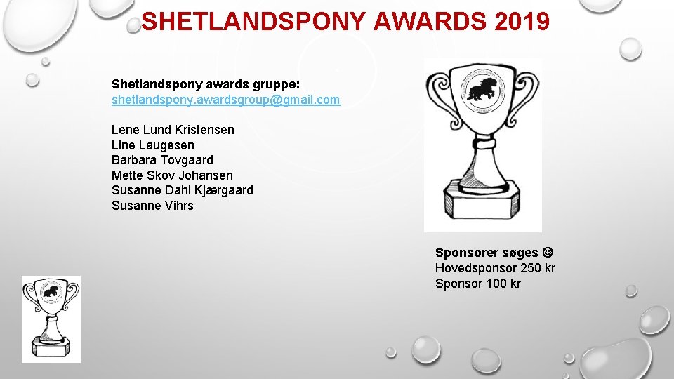 SHETLANDSPONY AWARDS 2019 Shetlandspony awards gruppe: shetlandspony. awardsgroup@gmail. com Lene Lund Kristensen Line Laugesen