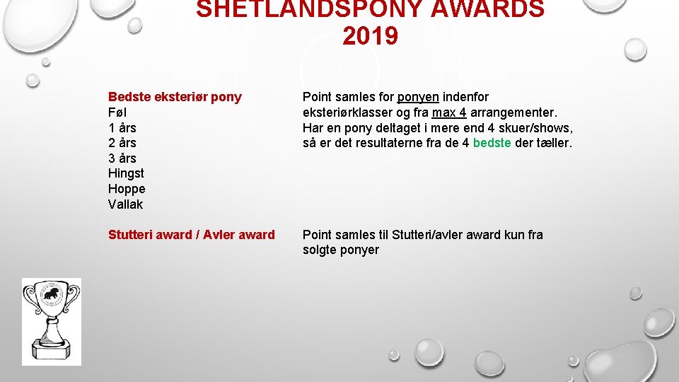 SHETLANDSPONY AWARDS 2019 Bedste eksteriør pony Føl 1 års 2 års 3 års Hingst