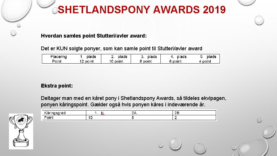 SHETLANDSPONY AWARDS 2019 Hvordan samles point Stutteri/avler award: Det er KUN solgte ponyer, som