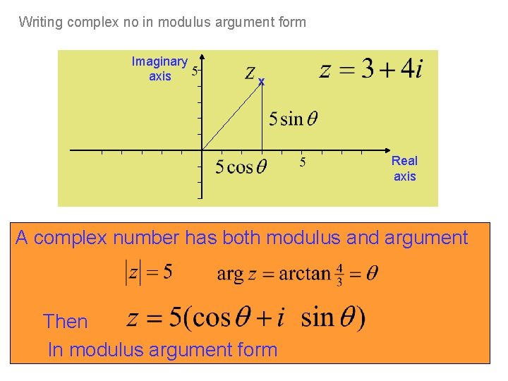 Writing complex no in modulus argument form Imaginary axis x Real axis A complex Writing complex no in modulus argument form Imaginary axis x Real axis A complex