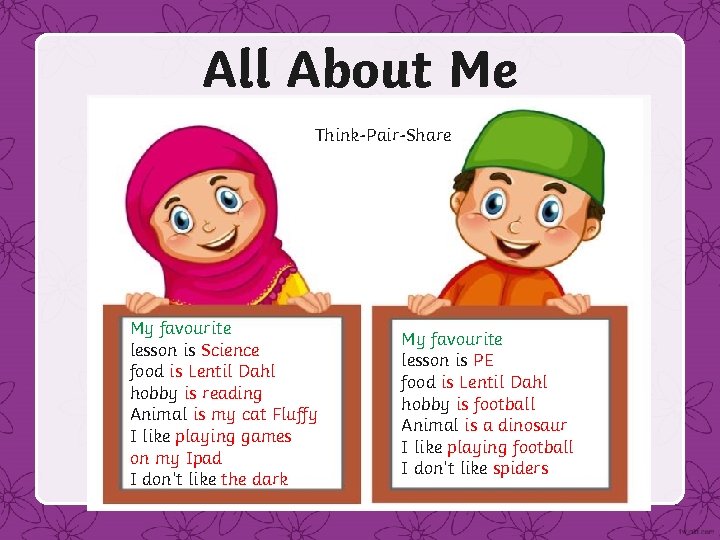 All About Me Think-Pair-Share My favourite lesson is Science food is Lentil Dahl hobby