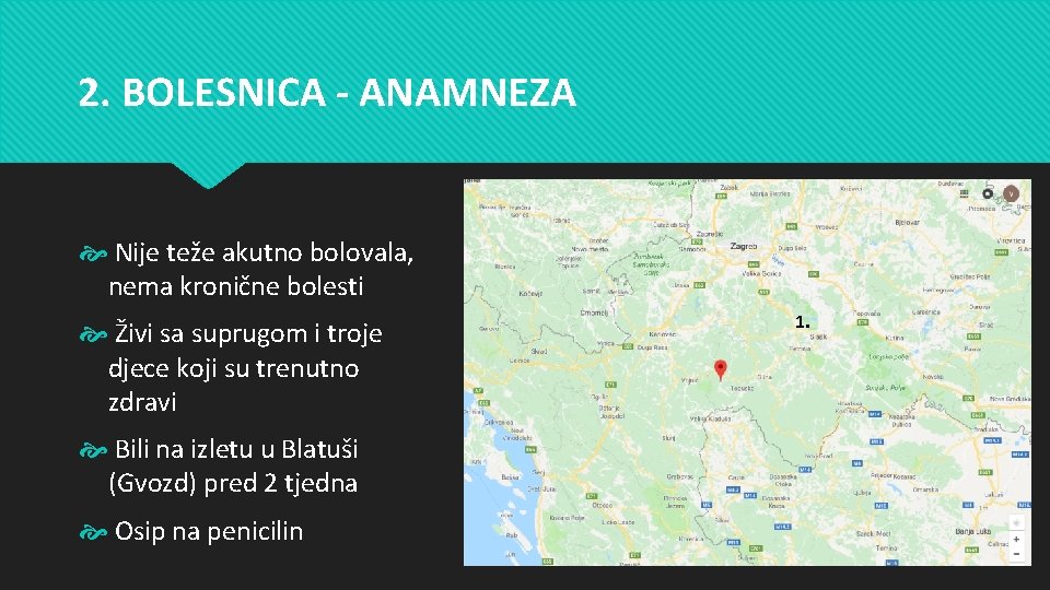 2. BOLESNICA - ANAMNEZA Nije teže akutno bolovala, nema kronične bolesti Živi sa suprugom