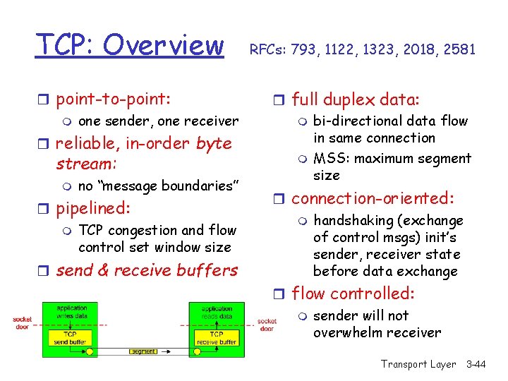 TCP: Overview r point-to-point: m one sender, one receiver r reliable, in-order byte stream:
