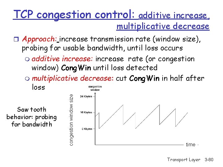 TCP congestion control: additive increase, multiplicative decrease r Approach: increase transmission rate (window size),