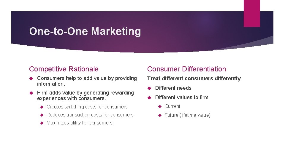 One-to-One Marketing Competitive Rationale Consumers help to add value by providing information. Firm adds