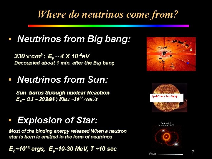 Where do neutrinos come from? • Neutrinos from Big bang: 330 n/cm 3 ;