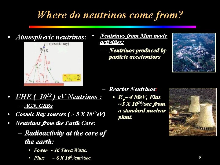 Where do neutrinos come from? • Atmospheric neutrinos: • Neutrinos from Man made activities: