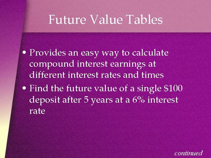 Future Value Tables • Provides an easy way to calculate compound interest earnings at