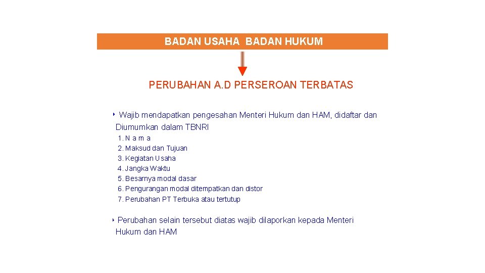 BADAN USAHA BADAN HUKUM PERUBAHAN A. D PERSEROAN TERBATAS ‣ Wajib mendapatkan pengesahan Menteri